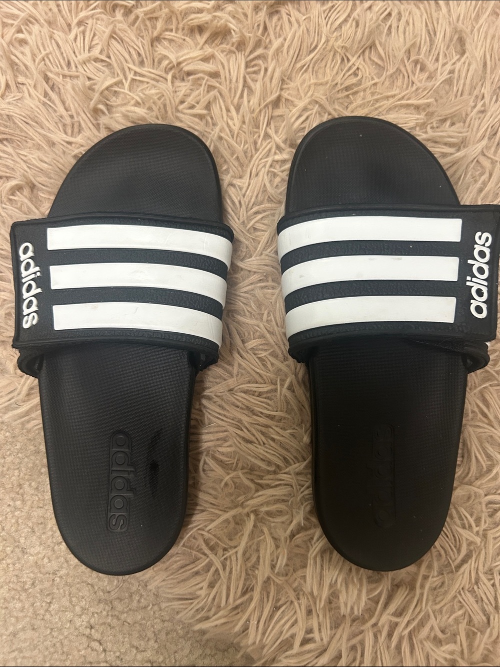 adidas Black Slides with White Three-Stripe Strap